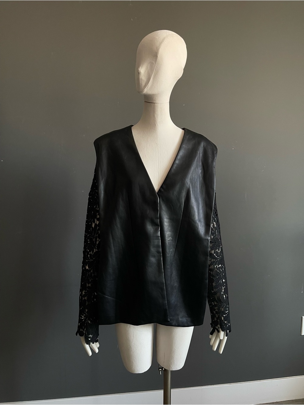 Manière De Voir Black Faux Leather Guipure Lace Long Cape Sleeve Statement Top